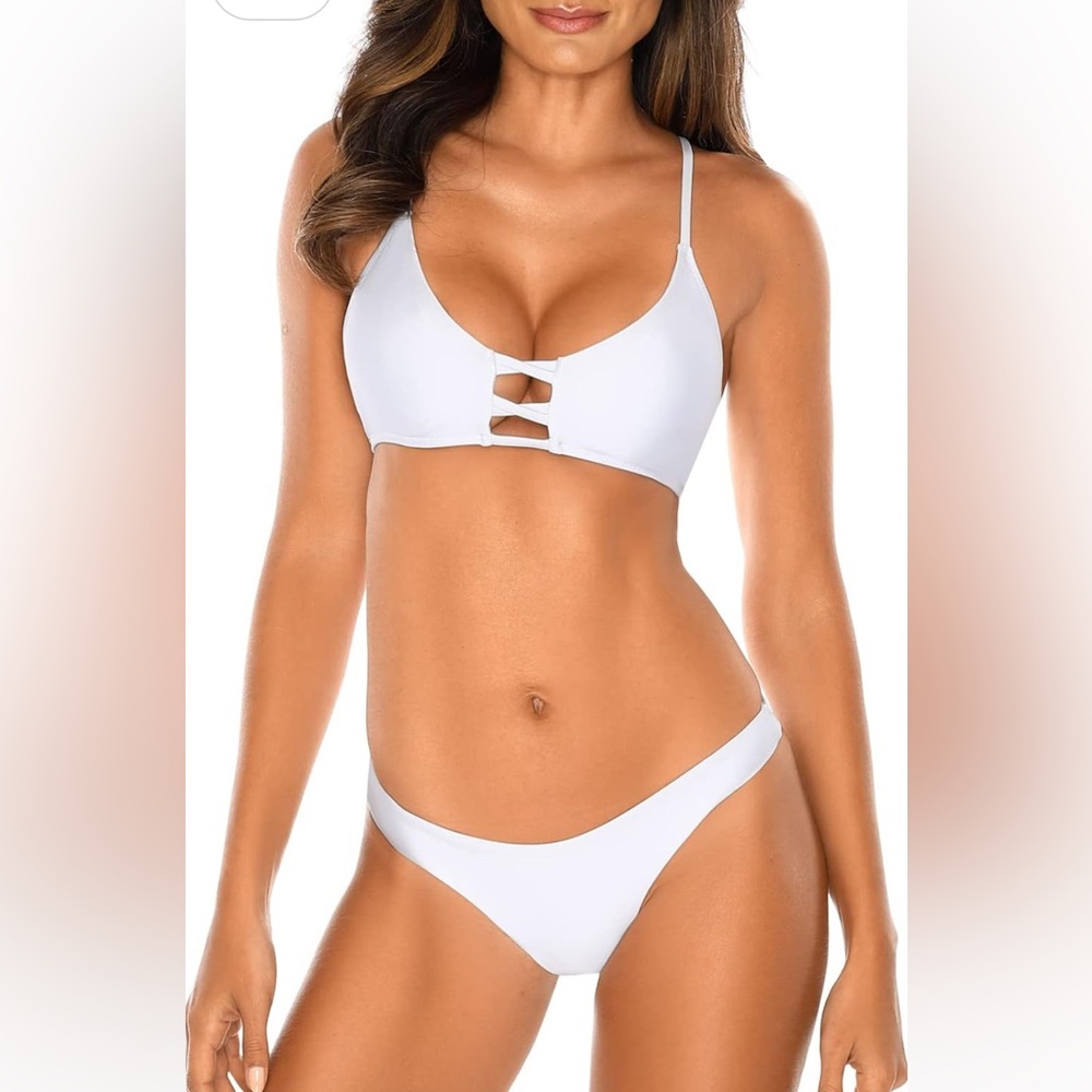 RELLECIGA Women's Triangle Bikini Top Cheeky Brazilian Bottoms NEW small white